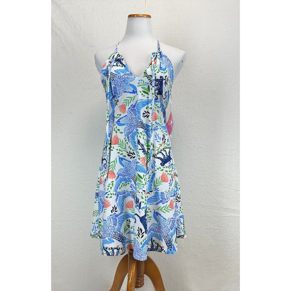 Gingy Tie-Back Halter Mini Dress SZ L NWT Monkeys Birds Performance Athleisure